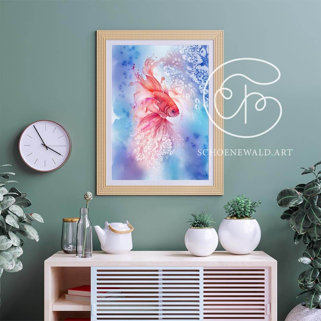 Watercolor painting print showing a beautiful beta fish by Schoenewald.art in a luxery interior