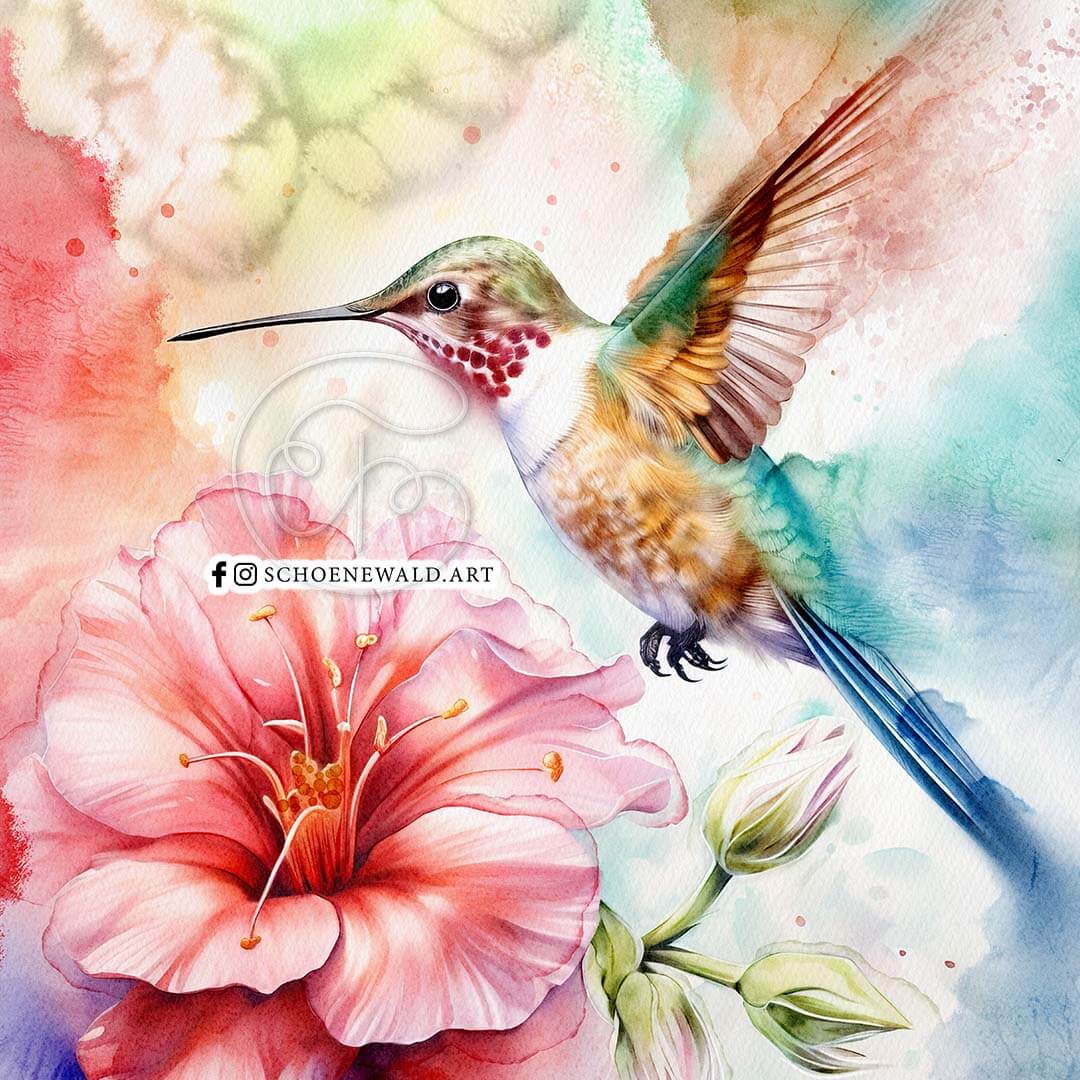 Fragment of the watercolor paining of hummingbird and flower by Schoenewald.art