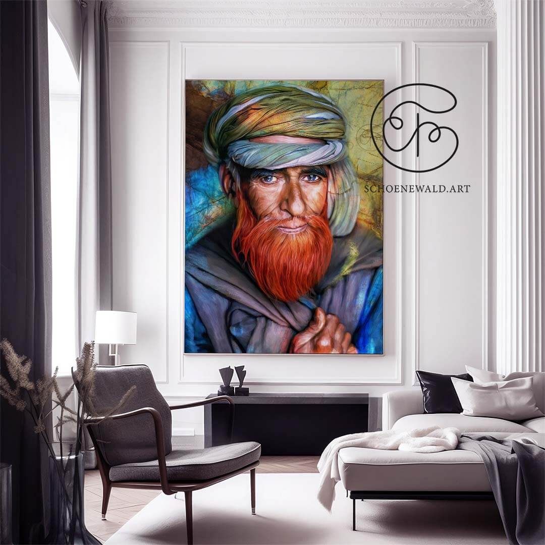 Oil portrait of an old man from Kashmir by Schoenewald.art in a luxery interior
