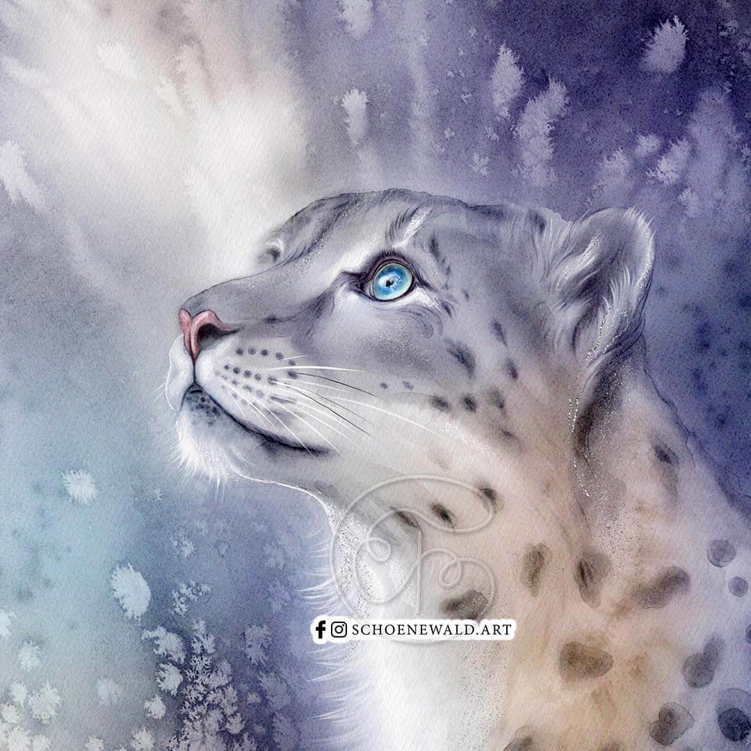 Fragment of the watercolor painting of beautiful snow leopard by Schoenewald.art