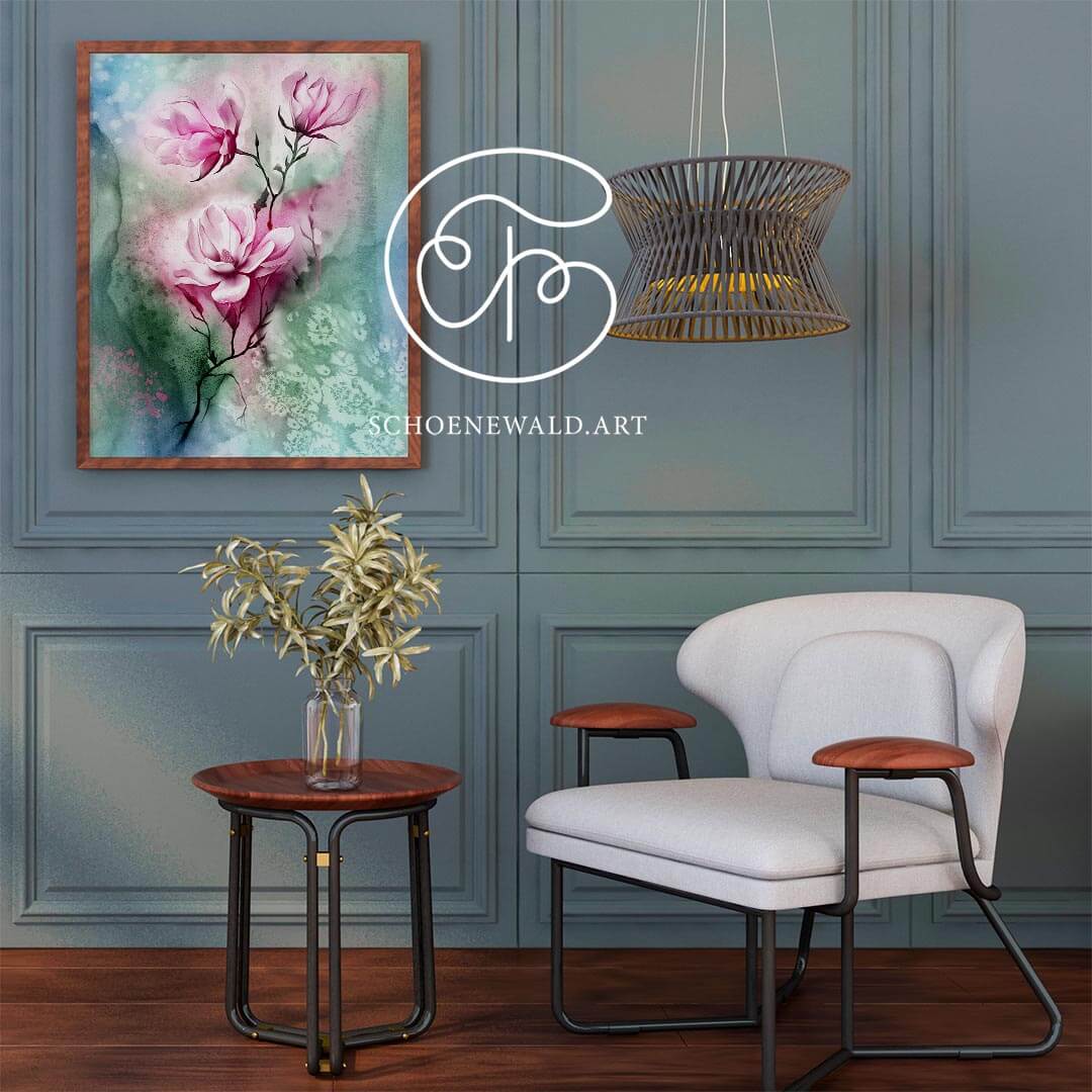 Watercolor painting of a magnolia branch by Schoenewald.art in a luxery interior