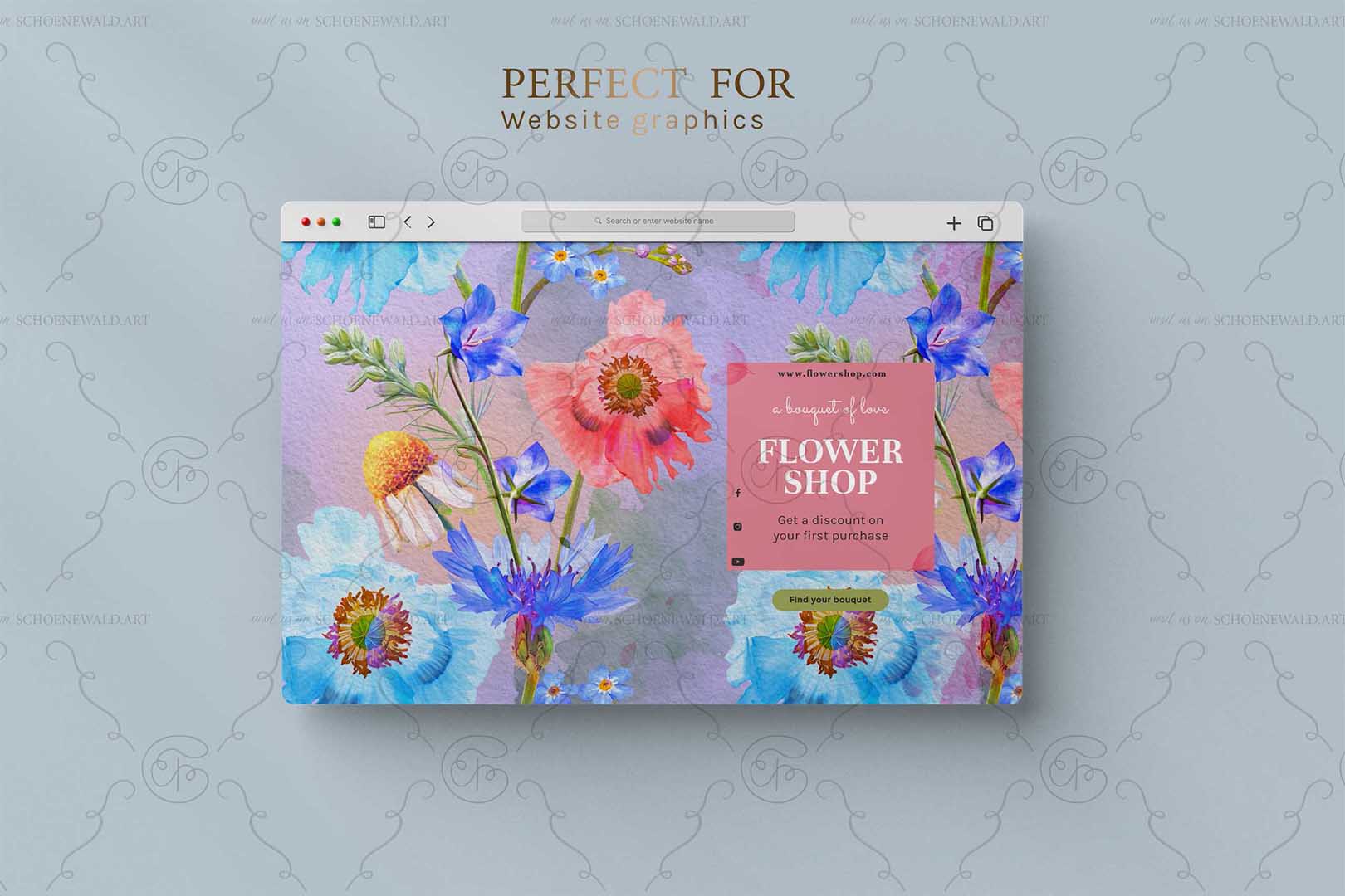 Website design for a florist with the graphic pattern from "Meadow Magic" set by Schoenewald.art - unique watercolor paintings of meadow flowers