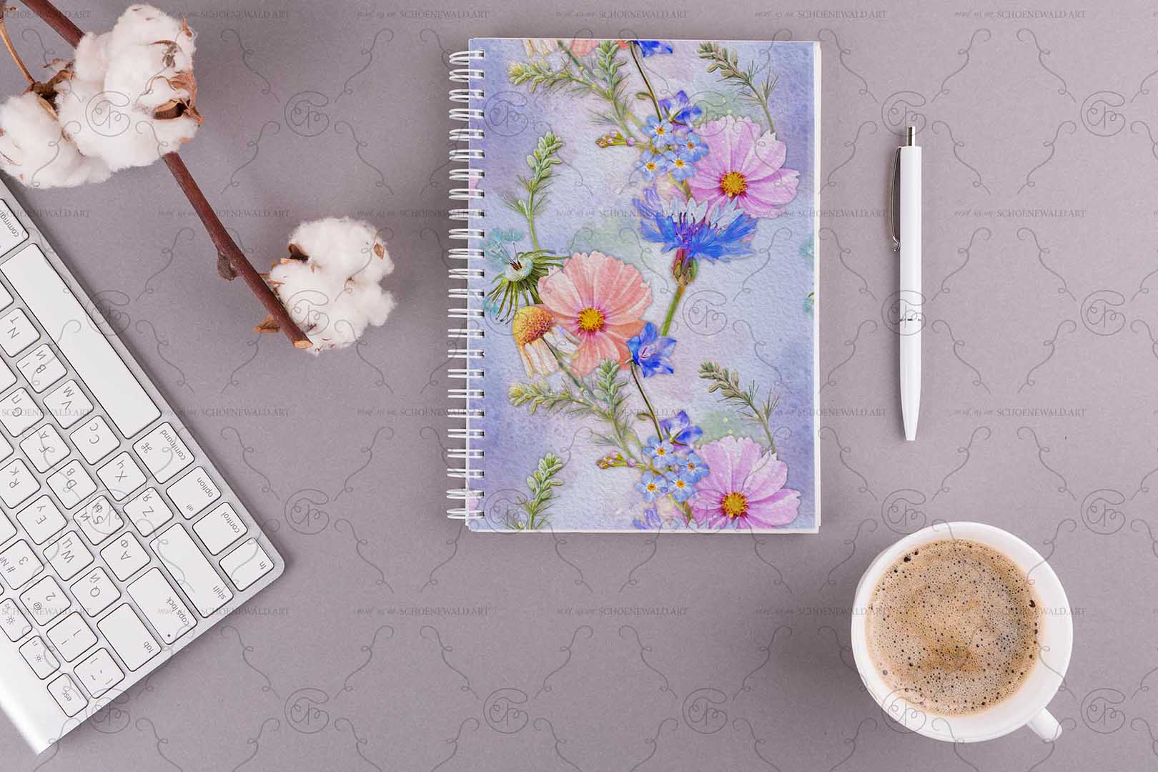 Notebook with a graphic from "Meadow Magic" set by Schoenewald.art - unique watercolor paintings of meadow flowers