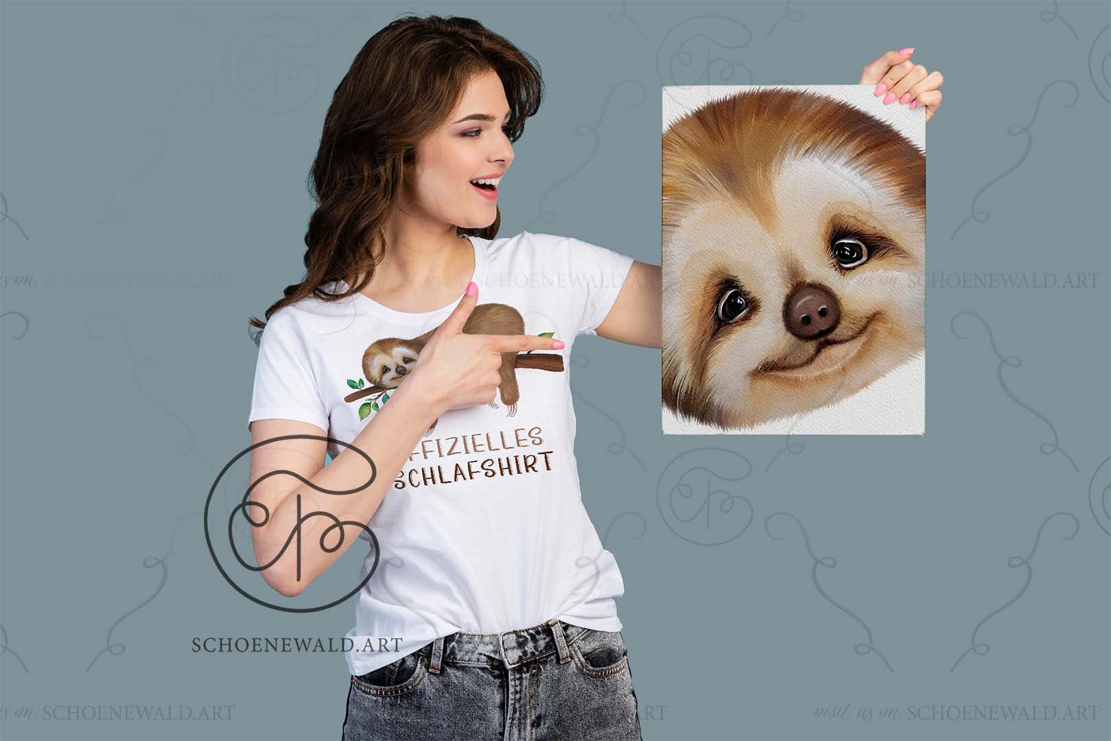 Offilcial sleepshirt with a cute sloth by Schoenewald.art