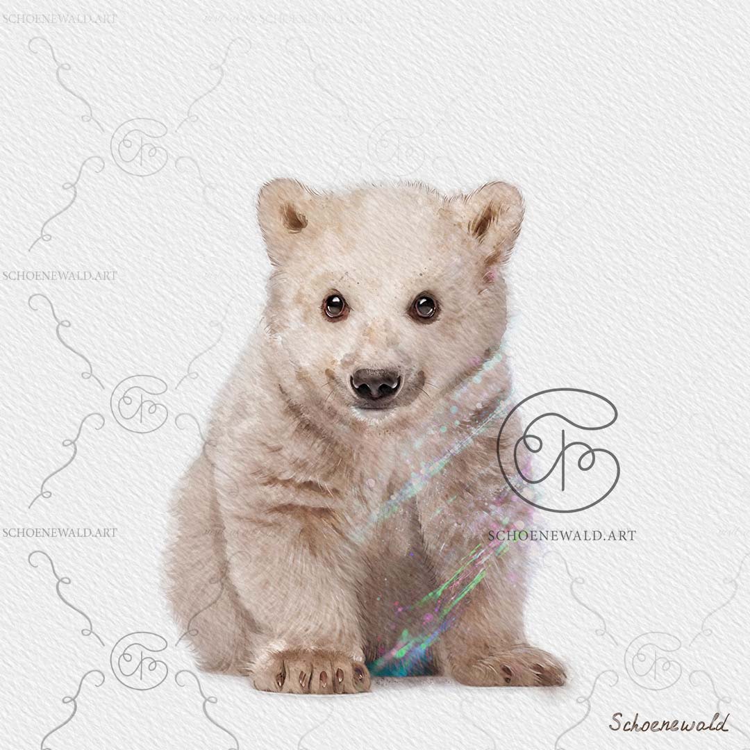 Print of a hand-painted watercolor of a baby polar bear from the "Baby Animals" series by Schoenewald.art