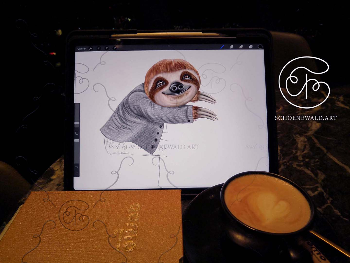 iPad showing a cute sloth from slothtee.de in the restaurant Qomo in Rhein Tower Duesseldorf, where the sloth was painted