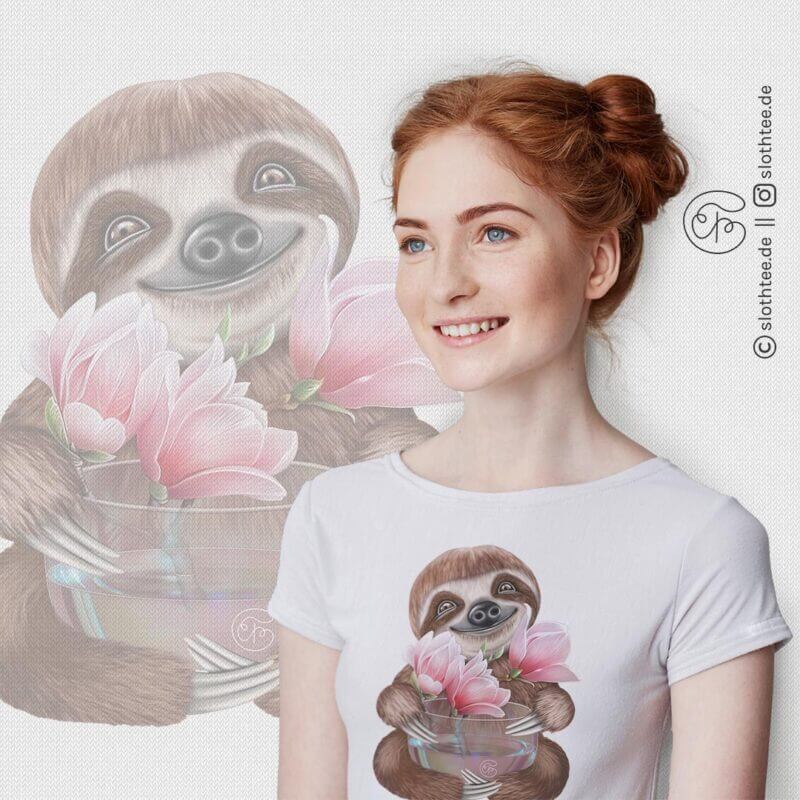 Happy young woman wearing a t-shirt with a print of a sloth available on slothtee.de