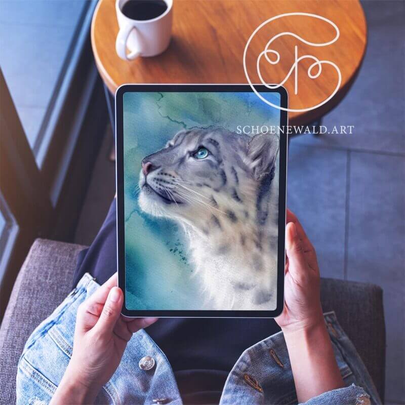 Watercolor painting showing a beautiful snow leopard by Schoenewald.art opened on an iPad Pro