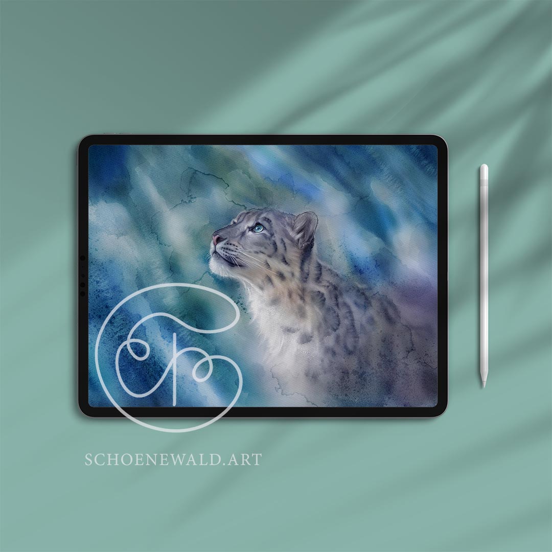 Watercolor painting showing a beautiful snow leopard by Schoenewald.art opened on an iPad Pro