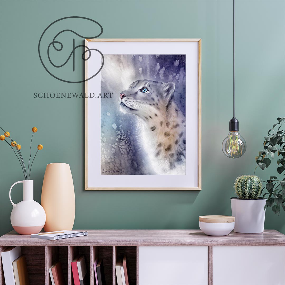 Watercolor painting print showing a beautiful snow leopard by Schoenewald.art in a luxery interior