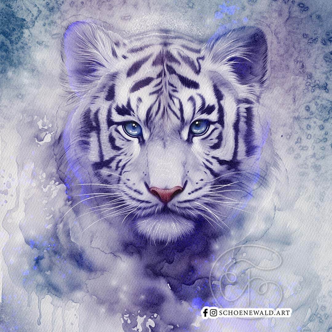Fragment of the watercolor paining of beautiful white tiger Schoenewald.art