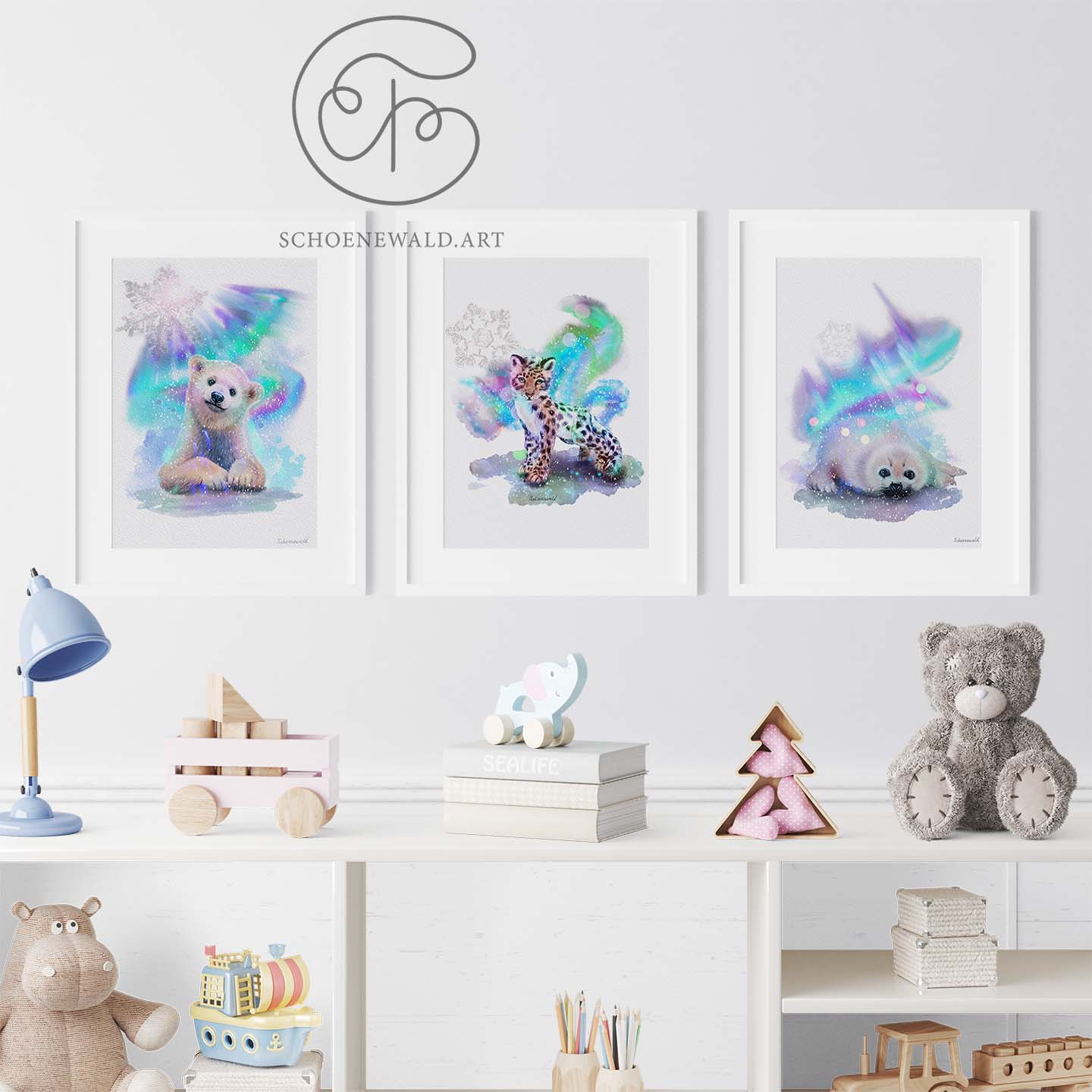Watercolor fine art prints of adorable animals in northern lights by Schoenewald.art in a nursery interior